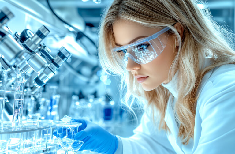 Une femme blonde aux yeux bleus, vêtue d’une blouse de laboratoire, portant des gants et des lunettes de protection, observe attentivement plusieurs flacons avec une expression sérieuse et concentrée. Les flacons qu’elle analyse se reflètent dans ses lunettes, soulignant la précision de son geste et l’intensité de son attention.