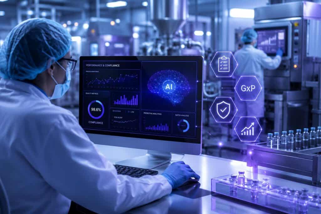 Opérateur utilisant une intelligence artificielle pour piloter la performance et la conformité GxP dans une usine pharmaceutique.