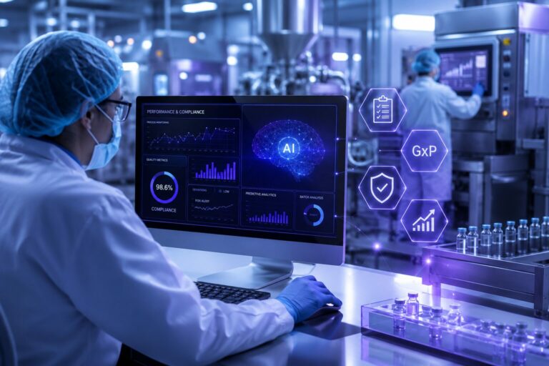Opérateur utilisant une intelligence artificielle pour piloter la performance et la conformité GxP dans une usine pharmaceutique.